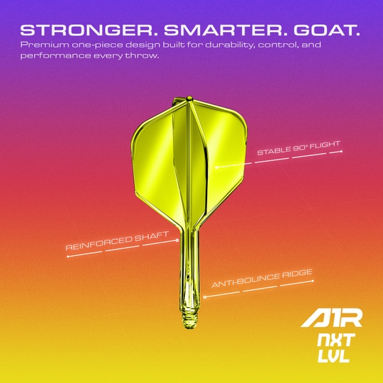Systém letové hřídele GOAT A1R No6 - neonově žlutá Das Bild zeigt das GOAT A1R No6 Flight-Shaft-System in Neon Gelb aus einer anderen Perspektive. Das Produkt ist für Dartspieler geeignet.
