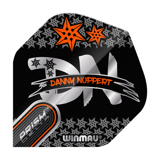 Letky Winmau Prism Delta Danny Noppert Black Signature No2 Standard Das Bild zeigt ein Dart-Flight mit dem Namen "Winmau Prism Delta Danny Noppert Black Signature No2 Standard Flights". Auf dem schwarzen Flight sind silberne und orangefarbene Sterne sowie der Name von Danny Noppert in orange geschrieben.