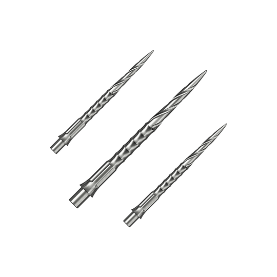 Stalowe groty do lotek Caliburn System - Spiro - NoLip - srebrne Das Bild zeigt ein Set aus silbernen Steeldartspitzen. Diese Spitzen sind 32 mm lang und haben ein Spiro NoLip Design.