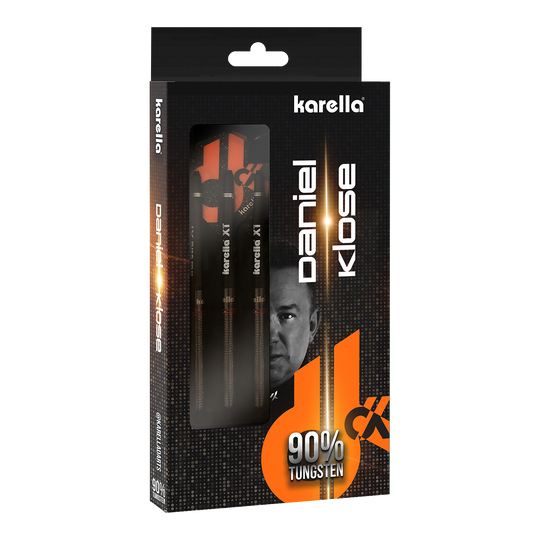 Dardos de acero Karella Daniel Klose Die Verpackung zeigt die Karella Daniel Klose Steeldarts. Die Darts bestehen zu 90% aus Wolfram.