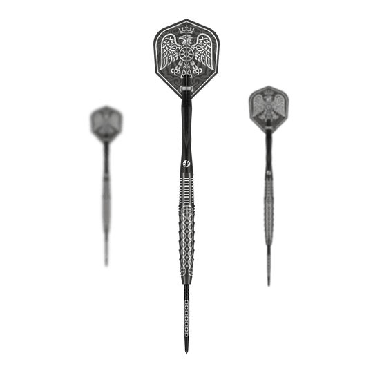 Shot Goths Wulfaz Turbo Point Steeldarts - 23g Das Bild zeigt das Shot Goths Wulfaz Turbo Point Steeldarts - 23g Set. Alle Teile des Dart Sets sind deutlich zu erkennen.