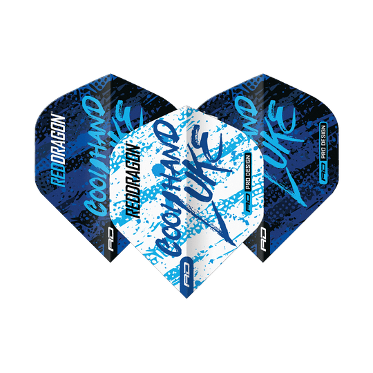 Mistr světa Red Dragon Luke Humphries Blue White Yin Yang Standard Flights Das Bild zeigt drei Dart-Flights mit dem Design "Red Dragon Luke Humphries World Champion Blue White Yin Yang". Die Flights sind in Blau, Weiß und Schwarz gehalten und tragen die Aufschrift "Cool Hand Luke".