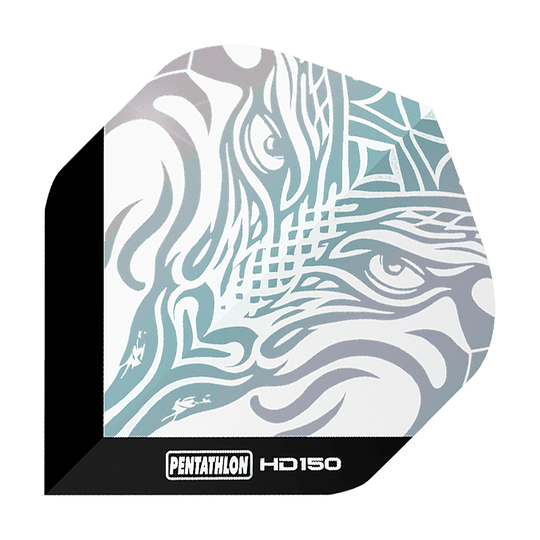 Pentathlon HD150 Metalicky čiré standardní letky Das Bild zeigt das Produkt "Pentathlon HD150 Metallic Clear Standard Flights". Auf dem Flight ist ein stilisiertes, metallisch schimmerndes Muster zu sehen, das an ein Tiergesicht erinnert.