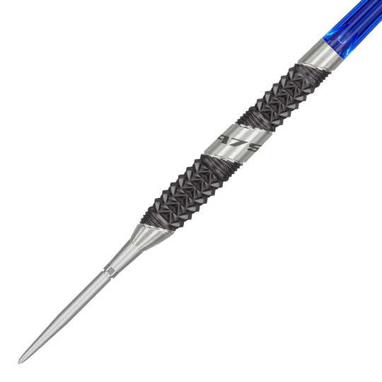 Dardos de acero Target 975 Ultra Marine 02 Swiss Point Das Bild zeigt einen Target 975 Ultra Marine 02 Swiss Point Steeldart. Der Dart hat eine silberne Spitze, einen schwarzen, strukturierten Griffbereich und einen blauen Schaft.