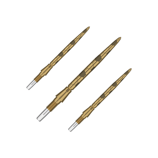 Pointes de fléchettes Target Swiss Storm Onyx Point - Or Das Bild zeigt drei goldfarbene Dartspitzen mit einem strukturierten Muster. Am unteren Ende haben sie ein silbernes Schraubgewinde zur Befestigung.