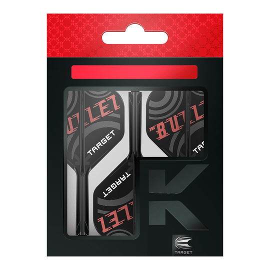 Target K-Flex Stephen Bunting No2 Standard Flight-Shaft-System Die Abbildung zeigt eine Verpackung der "Target K-Flex Stephen Bunting No2 Standard Flights". Die Flights sind schwarz, weiß und rot gestaltet und tragen die Aufschrift "THE BULLET" sowie "TARGET".