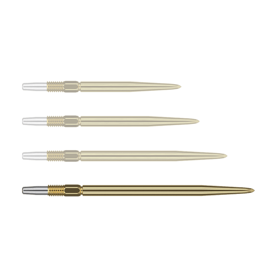 Target Swiss Point Gold Dartspitzen Auf dem Bild sind vier goldfarbene Dartspitzen zu sehen, die nebeneinander liegen. Die Spitzen haben einen silbernen Abschnitt am linken Ende und sind ansonsten komplett goldfarben.