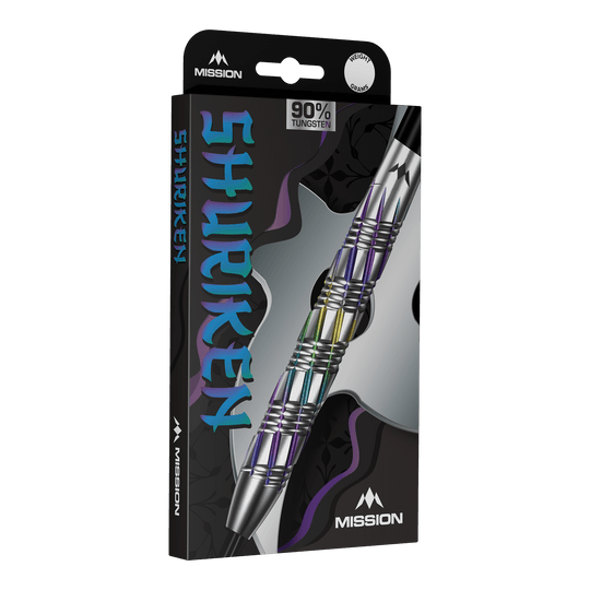 Dardos de acero Shuriken de Mission Auf dem Bild sind Mission Shuriken Steeldarts zu sehen. Das Foto zeigt die Steeldarts aus einer anderen Perspektive.