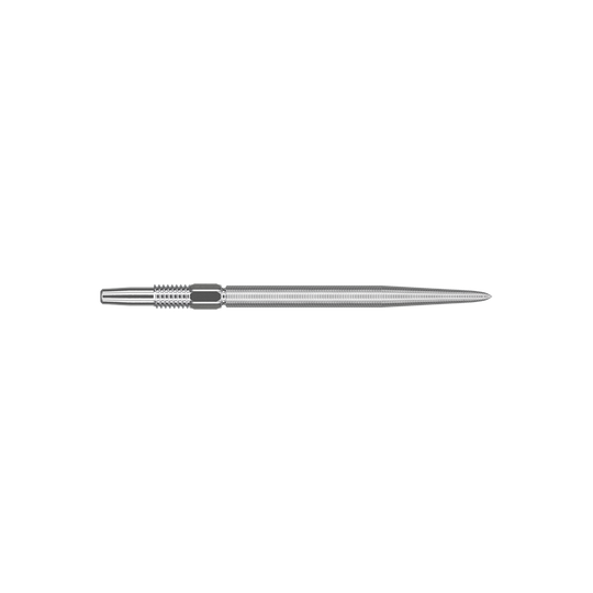 Puntas de dardos Target Swiss Point Nano - Plateadas Das Bild zeigt eine silberne Dartspitze in schlanker, länglicher Form. Die Oberfläche ist fein geriffelt und sieht präzise verarbeitet aus.