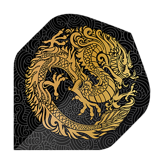 Pentathlonové lety Dragon black Das Bild zeigt die Pentathlon Dragon 2 Standard Flights. Auf schwarzem Hintergrund ist ein goldener Drache kunstvoll dargestellt.