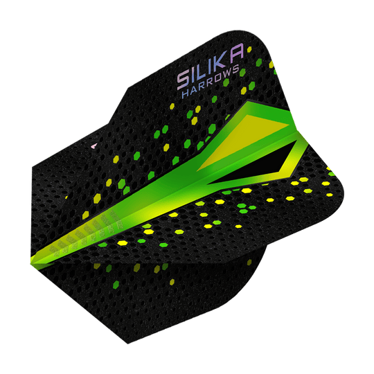 Harrows Silika Colourshift Tough Crystalline Coating Green No6 Flights Das Bild zeigt ein Dartflight der Marke Harrows mit dem Namen „Silika Colourshift Tough Crystalline Coating Green No6“. Das Flight ist überwiegend schwarz mit grünen und gelben Akzenten sowie hexagonalen Mustern.