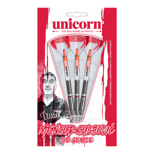 Abgebildet ist das Unicorn Mensur Suljovic The Gentle Steeldarts-Set mit 23g Gewicht. Diese Darts sind für alle gedacht, die Mensur Suljovic schätzen.