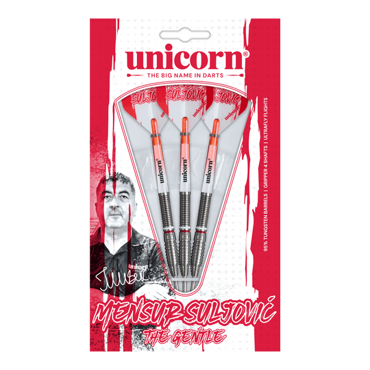 Unicorn Scale Suljovic The Gentle Steeldarts - 23g Abgebildet ist das Unicorn Mensur Suljovic The Gentle Steeldarts-Set mit 23g Gewicht. Diese Darts sind für alle gedacht, die Mensur Suljovic schätzen.