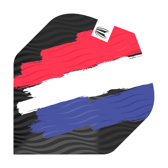TG12_335770_Target_ProUltra_Flag_Holland_No2_Standard_Flights_100pL8HOc1rYWi Das Bild zeigt ein Dart-Flight mit den Farben der niederländischen Flagge in Pinselstrich-Optik. Oben links ist ein kleines Logo auf weißem Hintergrund zu sehen.