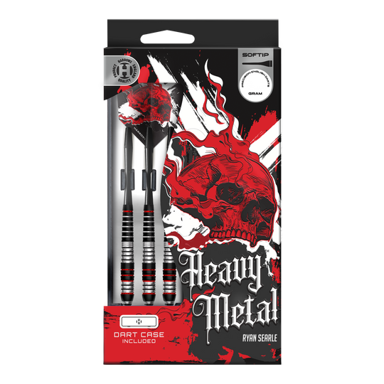 Das Bild zeigt Harrows Heavy Metal Ryan Searle Brass Softdarts. Die Darts werden aus Messing gefertigt und sind auf einer hellen Fläche angeordnet.