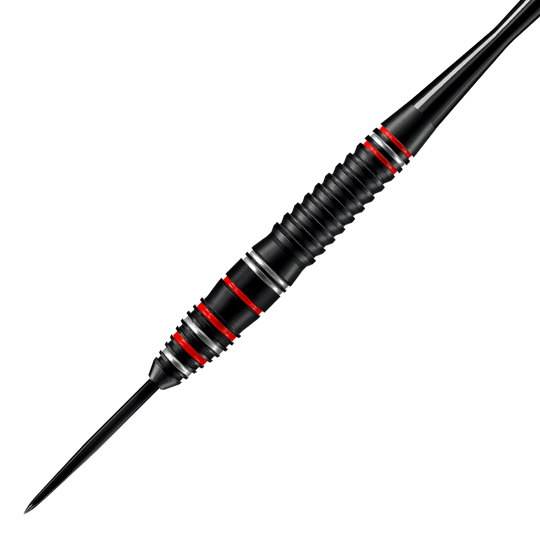 HA28825_Harrows_Fire_High_Grade_Alloy_Steeldarts_2 Das Bild zeigt einen Harrows Fire High Grade Alloy Steeldart. Der Dart ist schwarz mit roten und silbernen Ringen.