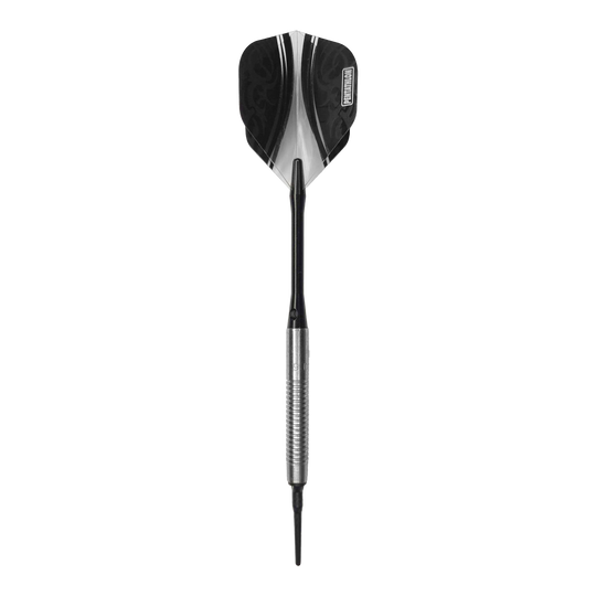 McDart 85er Tungsten V21 Softdarts - 18,5g Das Bild zeigt einen McDart 85er Tungsten V21 Softdart mit einem Gewicht von 18,5g. Der Dart hat eine silberne, gerillte Barrel und schwarze Flights.