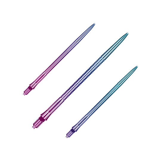 Caliburn EZ-EVO dart tips - Grooved - Rainbow Auf dem Bild sieht man ein Set Caliburn EZ-EVO Dartspitzen mit grooved Rainbow-Optik, 45 mm lang. Die Spitzen zeichnen sich durch ein buntes, geriffeltes Muster aus.