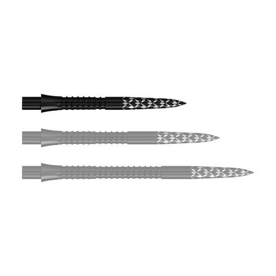 Puntas de dardos Mission Caliburn EVO con logotipo GV - Negro Abgebildet sind Schwarze Steeldartspitzen mit GV-Logo, 26 mm lang. Es handelt sich um Zubehör für Dartpfeile aus der Mission Caliburn EVO Serie.