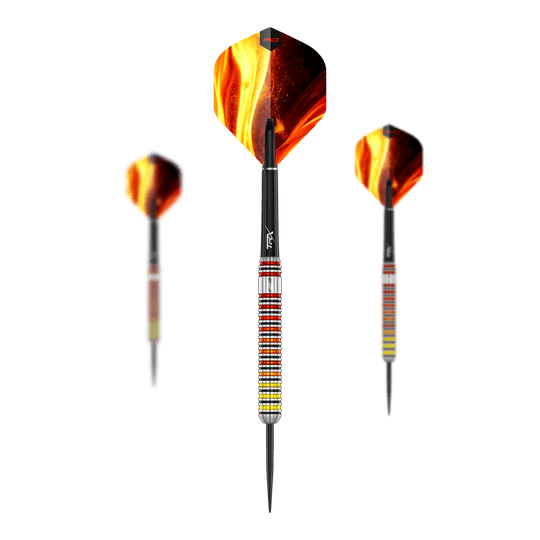 Red Dragon Furnace Steeldarts Hier sehen Sie das Set der Red Dragon Furnace Steeldarts. Die Darts sind in einer geordneten Anordnung dargestellt.