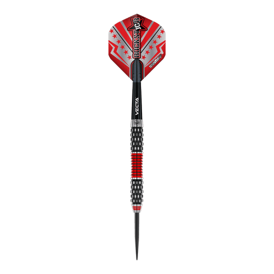 Šipky Winmau Joe Cullen Rockstar Series RS1 ocelové Das Bild zeigt einen Winmau Joe Cullen Rockstar Series RS1 Steeldartpfeil. Der Pfeil ist überwiegend schwarz mit roten und silbernen Akzenten sowie einem auffälligen "Rockstar"-Aufdruck auf dem Flight.