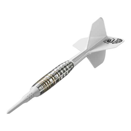 Dardos blandos Target Japan Prime Series Mayujo Morita GEN6 - 18 g Das Bild zeigt einen Softdartpfeil aus der Target Japan Prime Series Mayujo Morita GEN6 mit einem Gewicht von 18g. Der Pfeil hat ein weißes Flight und ein silberfarbenes Barrel mit goldenen Akzenten.