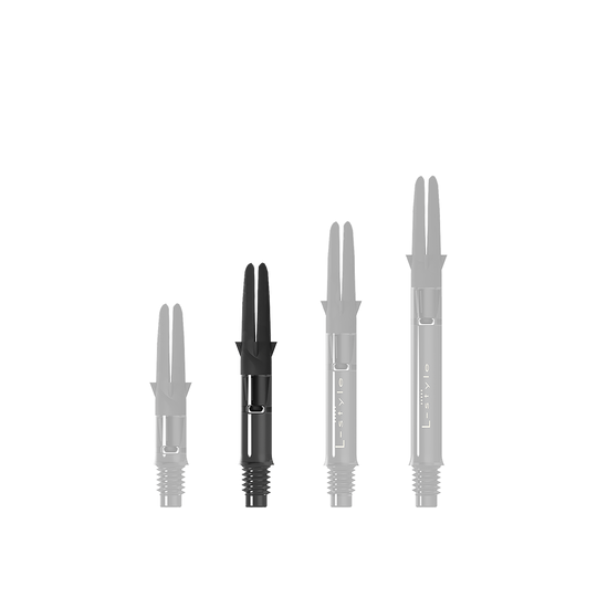 Das Bild zeigt drei schwarze Dartshafts in unterschiedlicher Länge. Sie sind aus Carbon gefertigt und tragen die Aufschrift "L-Style".