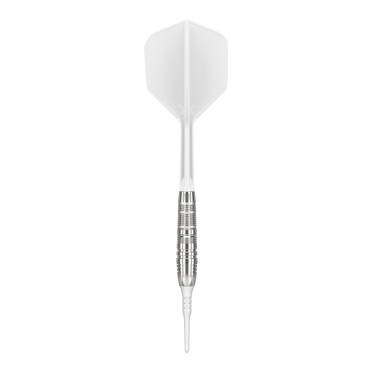 Freccette morbide Target Japan Crux Trust - 17 g Das Bild zeigt einen Target Japan Crux Trust Softdart mit einem Gewicht von 17 Gramm. Der Dart hat einen silbernen, gerillten Schaft und weiße Flights.