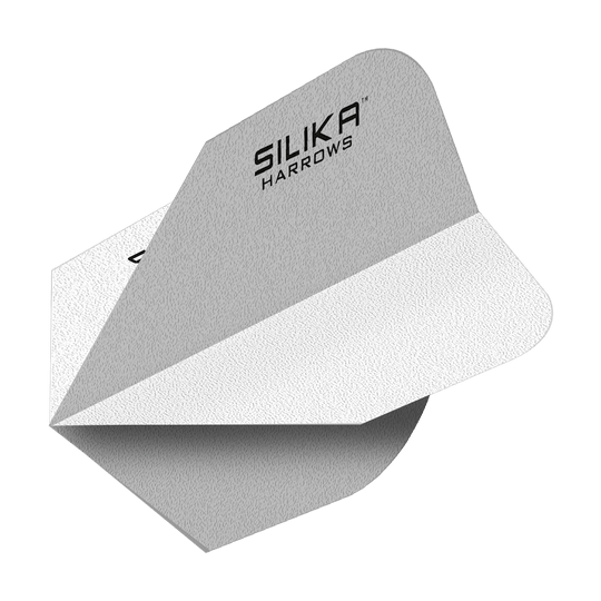 Harrows Silica Solid Houževnatý krystalický povlak White No6 Flights Das Bild zeigt ein weißes Dart-Flight mit der Aufschrift "Silika Harrows". Das Flight hat eine solide, strukturierte Oberfläche und ist speziell für hohe Haltbarkeit entwickelt.