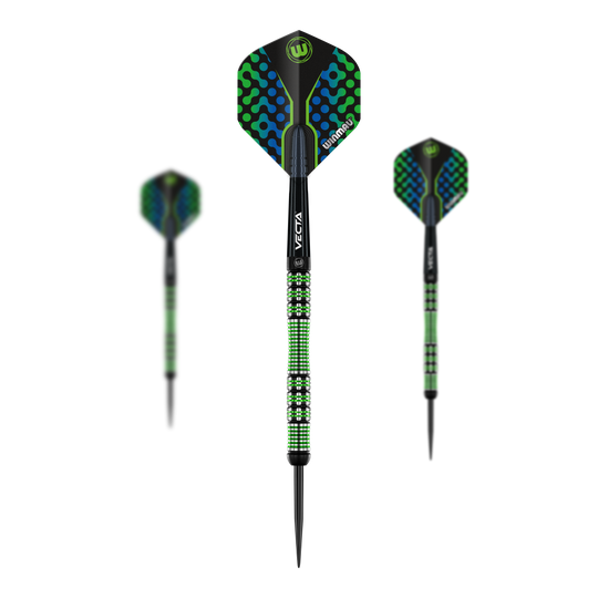 Dardos de acero Winmau Brendan Dolan Das Bild zeigt drei Winmau Brendan Dolan Steeldarts mit auffälligem grün-blauem Design. Die Darts haben schwarz-grün gemusterte Griffe und schwarze Spitzen.