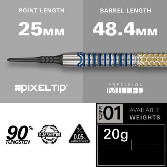 Měkké šipky Target Josh Rock GEN1 - 20g Das Bild zeigt den Softdart "Target Josh Rock GEN1" mit einem Gewicht von 20g. Der Dart hat eine Spitzenlänge von 25 mm, eine Barrel-Länge von 48,4 mm und besteht zu 90% aus Tungsten.