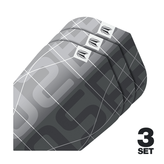 Letky Target Pro Ultra Aspinall X Echo No6 - 3 sady Das Bild zeigt drei Sätze Target Pro Ultra Aspinall X Echo No6 Flights für Darts. Die Flights haben ein modernes, graues Design mit weißen Linien und einem kleinen Logo.