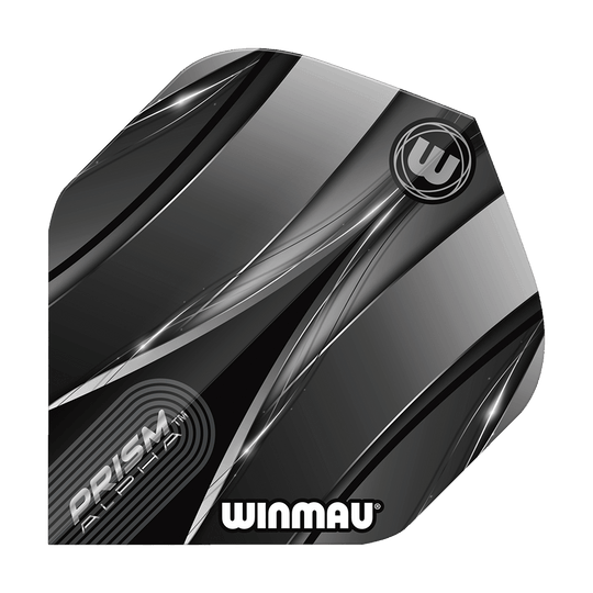 Standardní lety Winmau Alpha Sniper Black Das Bild zeigt einen Winmau Alpha Sniper Black Standard Flight für Darts. Das Design ist überwiegend schwarz und silber mit stilisierten Linien und dem Winmau-Logo.