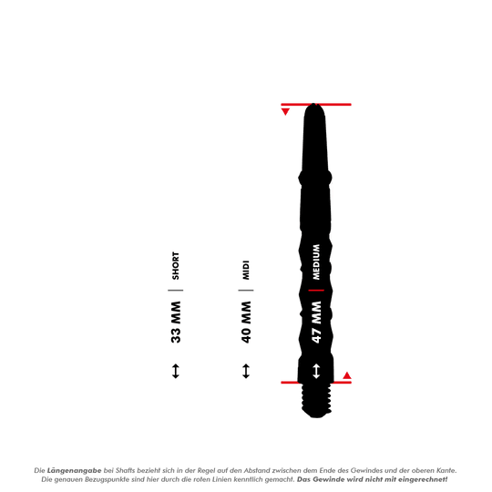 Harrows_Carbon_ST_Shafts_5_47mmlRsG9wGVcOoBj Das Bild zeigt die Harrows Carbon ST Shafts in der Farbe Gelb. Es werden die verschiedenen Längen der Shafts (Short, Midi, Medium) mit den Maßen 33 mm, 40 mm und 47 mm dargestellt.