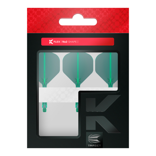 Target K-Flex No2 Standard Flight System - Verde Auf dem Bild ist eine Packung mit drei grünen Dartflights der Marke Target zu sehen. Die Verpackung ist überwiegend schwarz mit einem roten oberen Abschnitt und dem Aufdruck "K FLEX | No2 SHAPE".