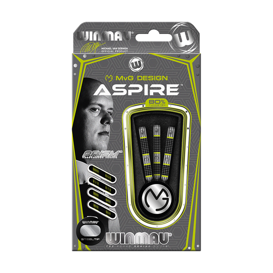 1444_Winmau_Michael_Van_Gerwen_MvG_Aspire_Steeldarts_3 Die Abbildung zeigt die Winmau Michael Van Gerwen MvG Aspire Steeldarts in ihrer Originalverpackung. Die Verpackung ist in Schwarz, Grau und Gelb gehalten und präsentiert drei Dartpfeile sowie das MvG-Logo.