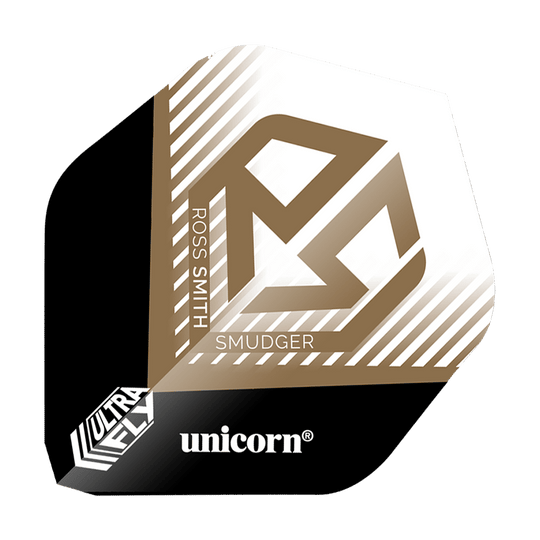 Alette Unicorn Ultrafly 100 Ross Smith Smudger AR1 Das Bild zeigt einen Dartflight mit der Aufschrift „ROSS SMITH SMUDGER“ und einem goldenen Logo auf weißem Hintergrund. Unten befinden sich die Markenbezeichnungen „ultrafly“ und „unicorn“.
