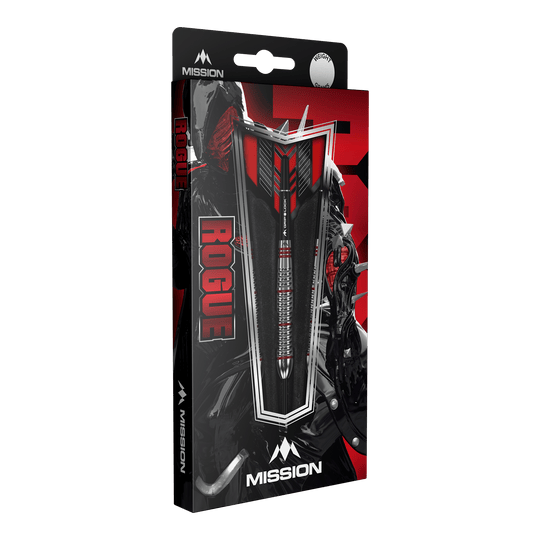 Dardos Mission Rogue de latón y acero - 22 g Die Abbildung zeigt die Verpackung der "Mission Rogue Brass Steeldarts - 22g". Die Verpackung ist überwiegend schwarz und rot gestaltet und zeigt den Dartpfeil sowie das Rogue-Logo deutlich.