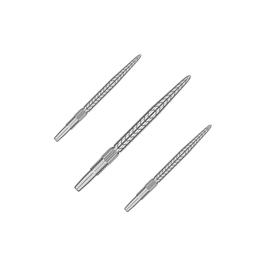 Target Swiss Point RVE Dartspitzen - Silber Auf dem Bild sind drei silberne Dartspitzen abgebildet. Sie haben ein dekoratives Muster und sind in einer diagonalen Linie angeordnet.