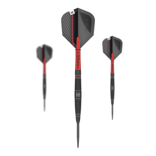 Dardos de acero Target Scope 04 Swiss Point Auf dem Bild sind drei Steeldarts des Modells "Target Scope 04 Swiss Point" zu sehen. Die Darts haben ein modernes Design in Schwarz und Rot mit auffälligen Details.