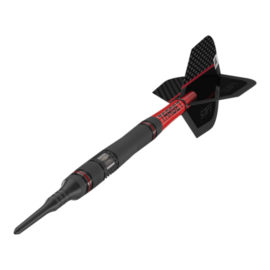 Target Scope 11 Softdarts Das Bild zeigt einen Target Scope 11 Softdart mit schwarzem und rotem Design. Der Dartpfeil hat eine schwarze Spitze und eine schwarze Flight-Fläche mit Schriftzug.