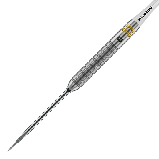 Winmau Gian Van Veen W-MAX Switch Point Steeldarts werden aus einer anderen Perspektive gezeigt. Die Darts liegen auf einer weißen Fläche.