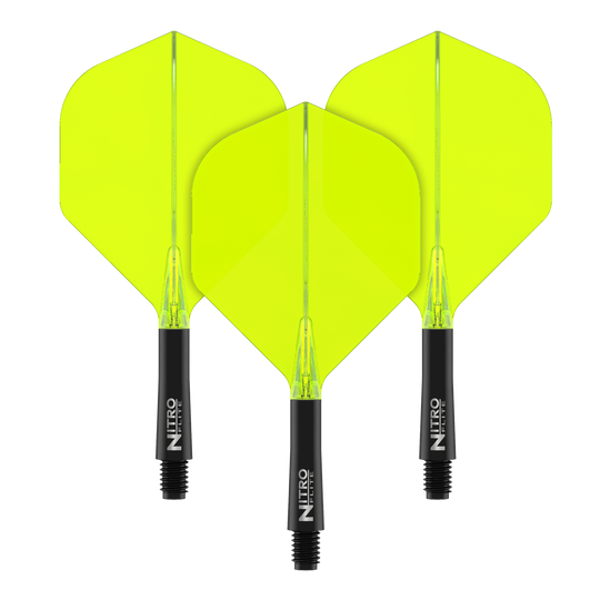 Red Dragon Nitroflite - Black Shaft Yellow No2 Flights Auf dem Bild sind drei gelbe Dart-Flights mit schwarzen Schäften zu sehen. Auf den Schäften steht der Text "NITRO FLITE".