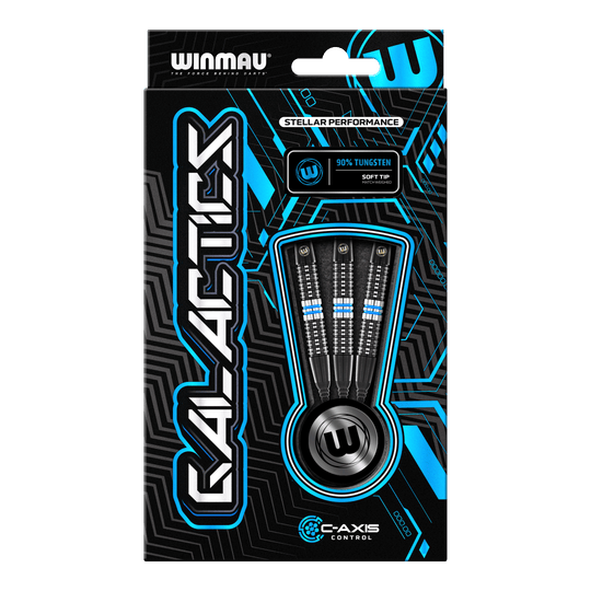 Měkké šipky Winmau Galactics - 20g Die Abbildung zeigt eine Verpackung der "Winmau Galactics Softdarts - 20g". Das Design ist modern und hebt die wichtigsten Merkmale wie 90% Tungsten und Soft Tip hervor.