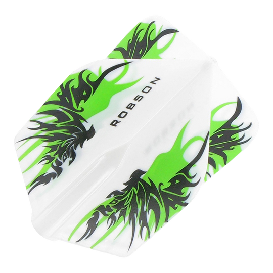 Robson Plus Flights Standard Finn White Das Bild zeigt die Robson Plus Flights Standard Finn White. Die Flights sind weiß mit einem auffälligen schwarzen und grünen Flammenmuster.