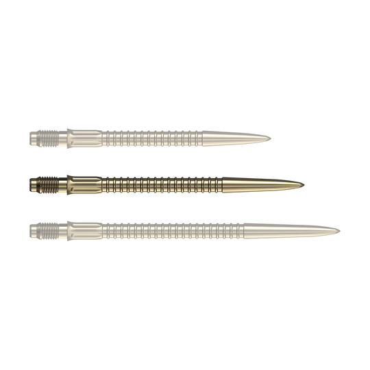 Mission R2.5 Rapid Point GV1 Dart Tips - Gold Eine goldene Dartspitze mit einer Länge von 35mm ist auf dem Foto zu erkennen. Ideal für Dartspieler zur Erneuerung der Pfeile.