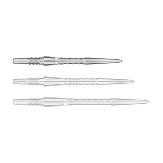 Stalowe groty do rzutek Target Swiss Point Storm Surge – srebrne Das Bild zeigt drei silberne Steeldartspitzen, die nebeneinander liegen. Sie haben eine gerillte Struktur und eine spitz zulaufende Form.