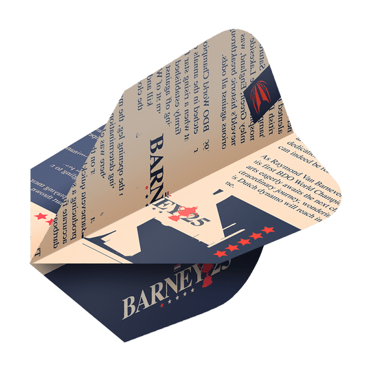 Cíl ProUltra Raymond Van Barneveld Barney25 Ten-X Flights Das Bild zeigt ein Target ProUltra Raymond Van Barneveld Barney25 Ten-X Flight für Darts. Das Flight ist in Beige und Dunkelblau gehalten und mit Text sowie Sternen dekoriert.