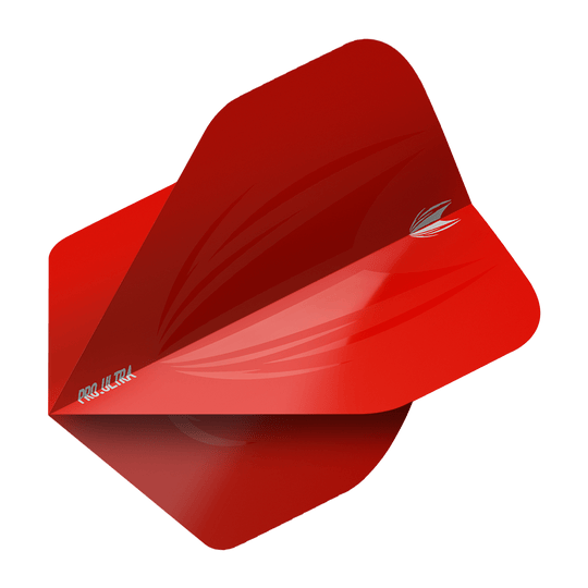 TG424_Target_ProUltra_ID_Red_No2_Standard_Flights_2 Das Bild zeigt ein rotes Dartflight mit der Aufschrift "Pro Ultra" und einem stilisierten Flügeldesign. Es handelt sich um das Produkt "Target ProUltra ID Red No2 Standard Flights".