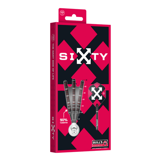 Hier sind die Bulls Sixty S2 Steeldarts abgebildet. Die Steeldarts haben ein schlankes Design und eignen sich für professionelle Spieler.